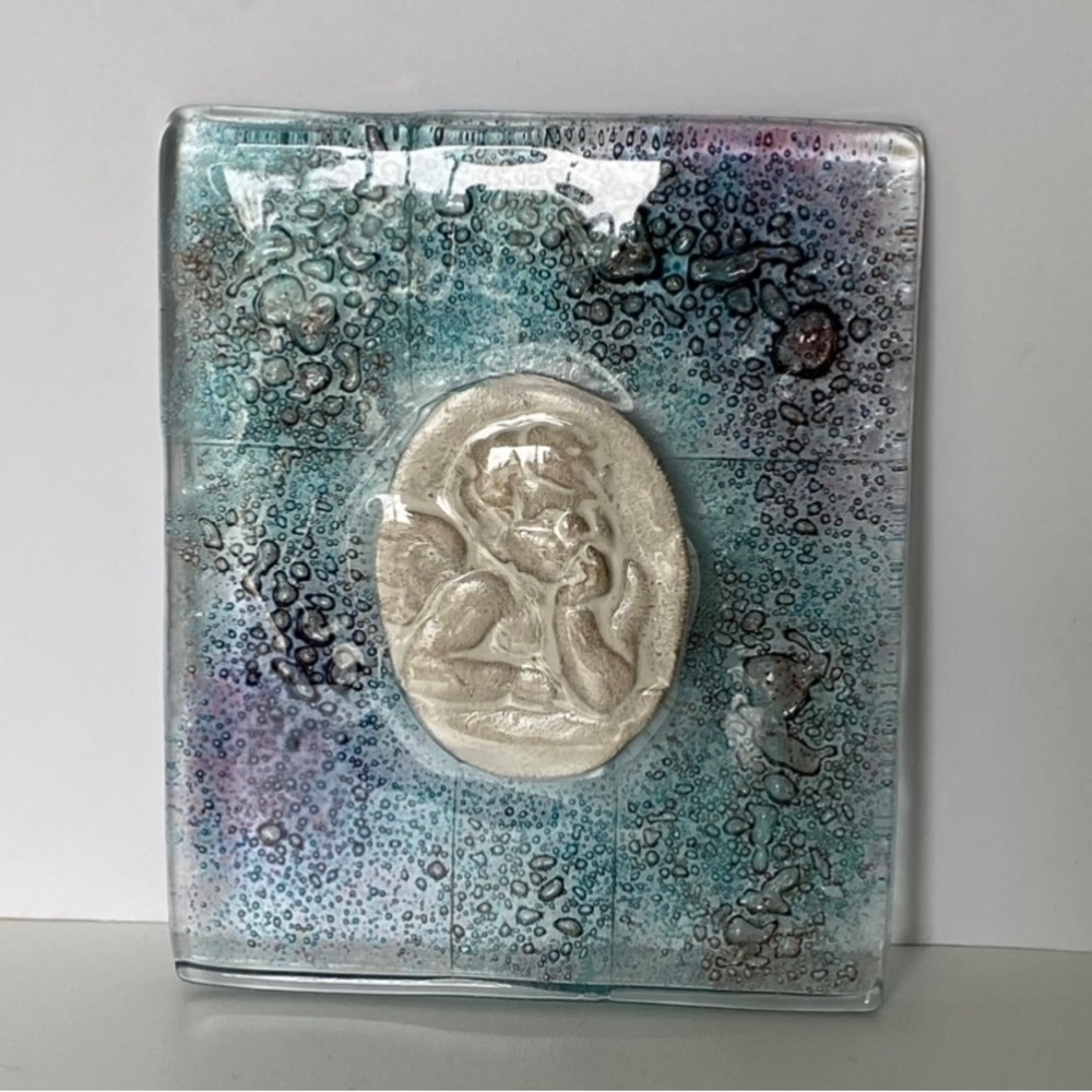 Fused Art Glass Wall Hanging Cherub Cupid Angel Plaque Blue Green 5” X 4” EUC